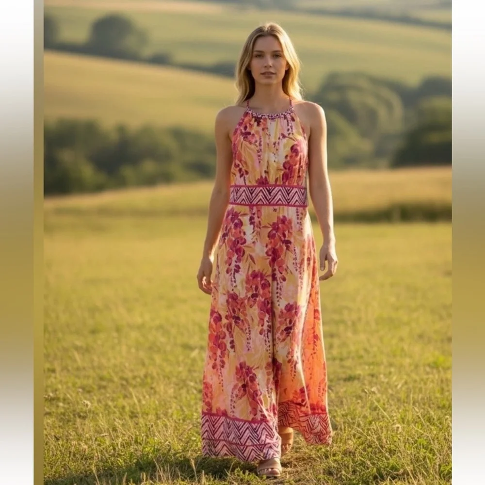 Wisp Tropical Floral Halter Maxi Dress Pink Yellow Braided Strap NWT 12 Summer - Picture 13 of 13
